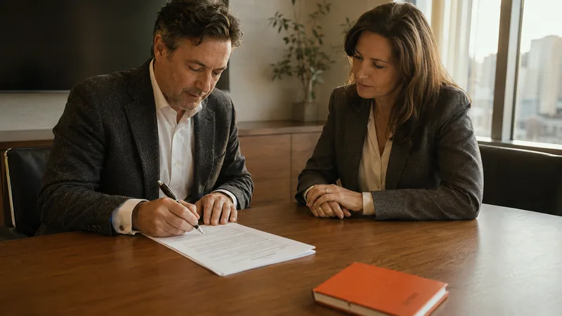 Two partners signing a co-branded services agreement at a walnut conference table
