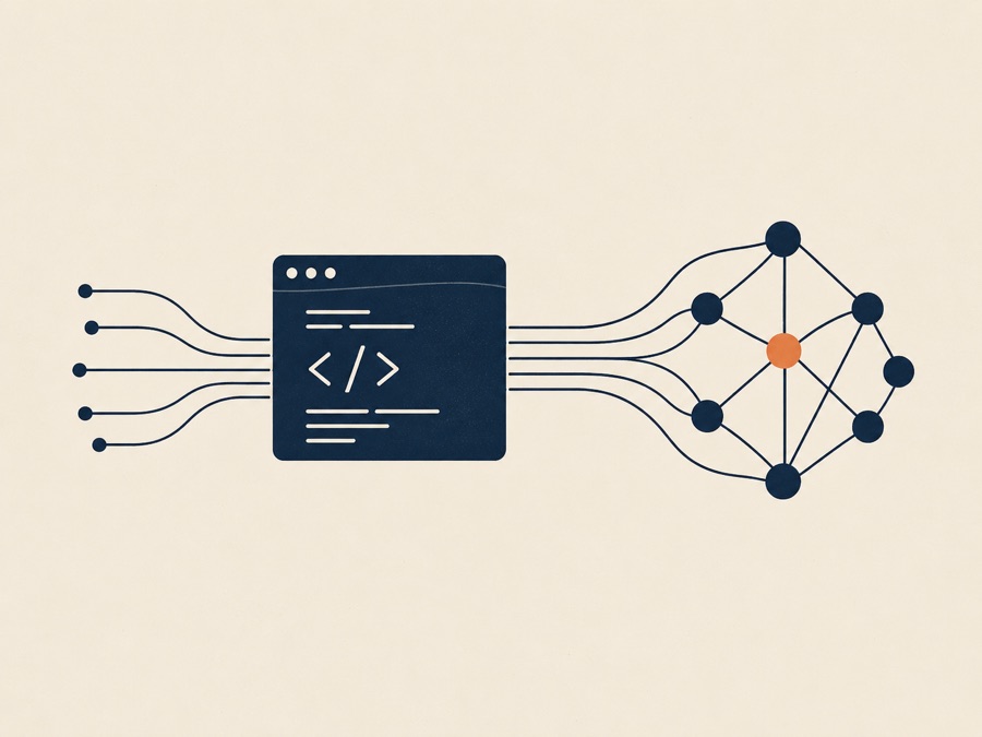 A code editor whose output flows into a neural network, with one node highlighted
