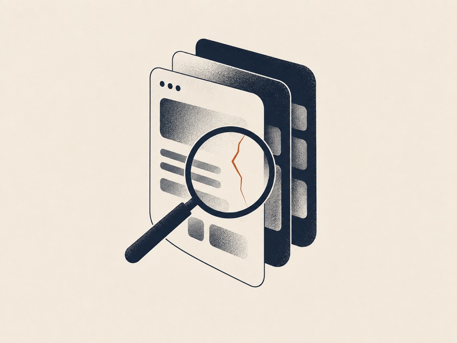 A magnifier over layered application panels catching a highlighted crack