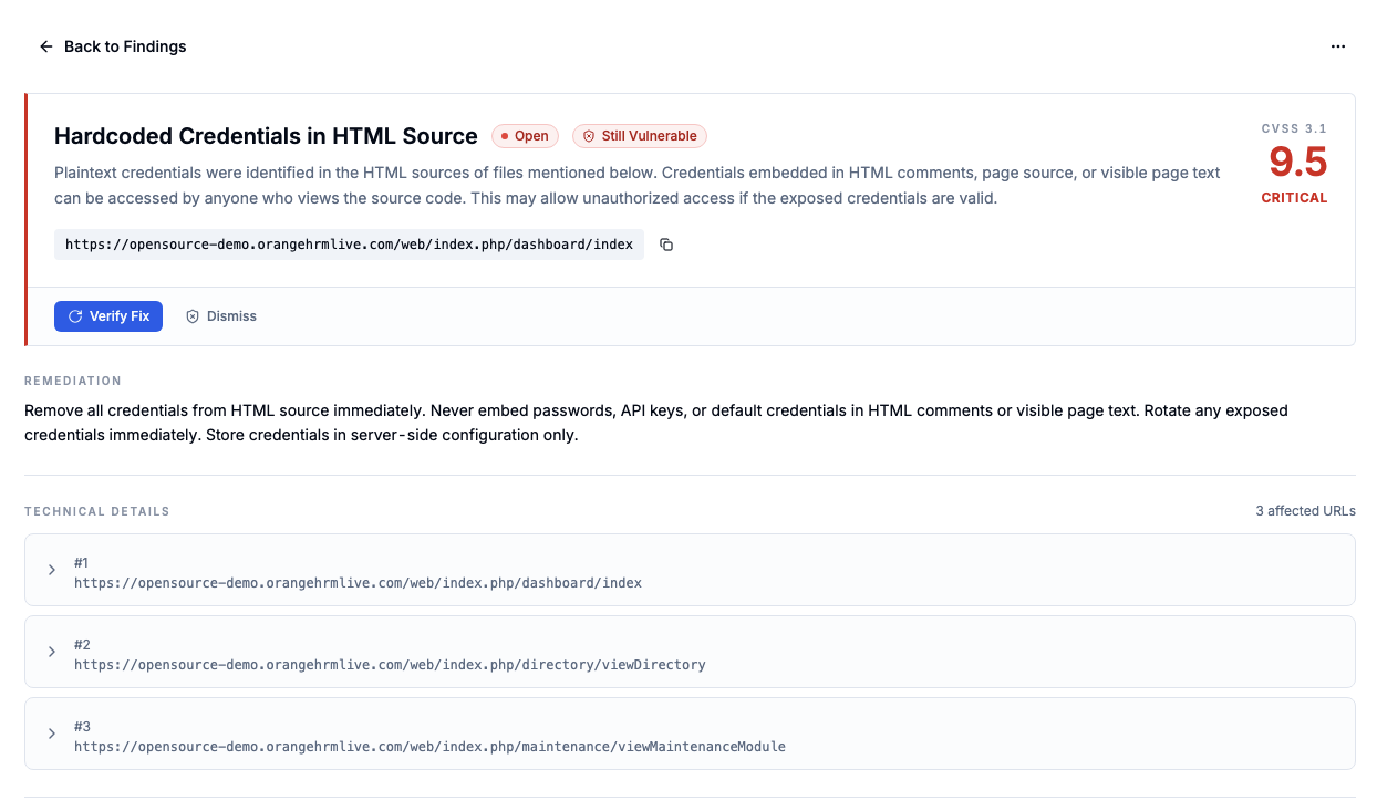 BugDazz finding: hardcoded credentials, CVSS critical score, remediation, and technical URLs